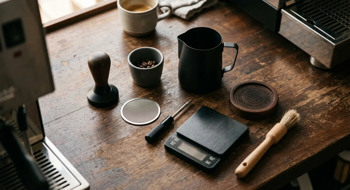 Affordable home espresso accessories on a cafe counter