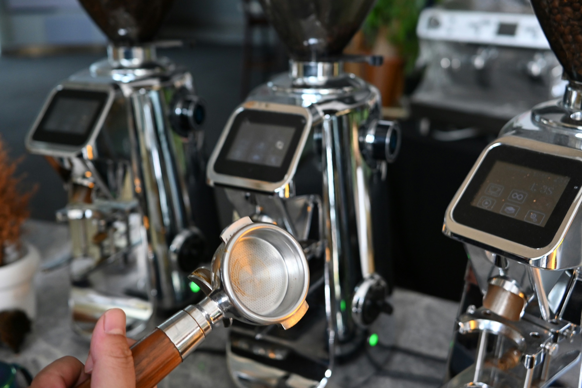 A portafilter held in front of a row of espresso grinders