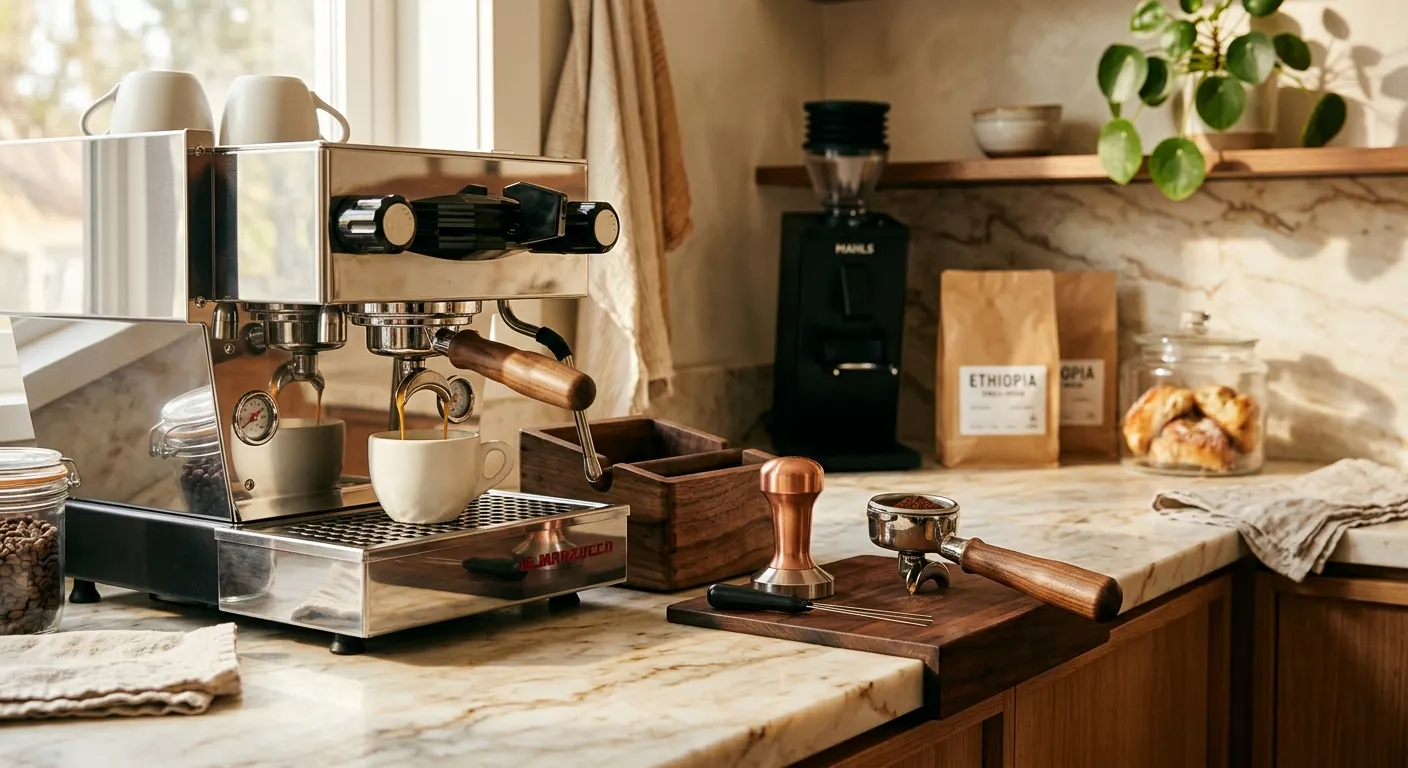 A home espresso machine pulling a shot on a cream marble counter with a copper tamper beside the portafilter